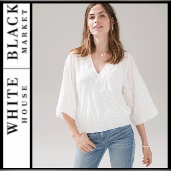 White House Black Market Tops - WHBM White Embroidered Kimono Sleeve Smocked Waist Surplice Blouse Size Large